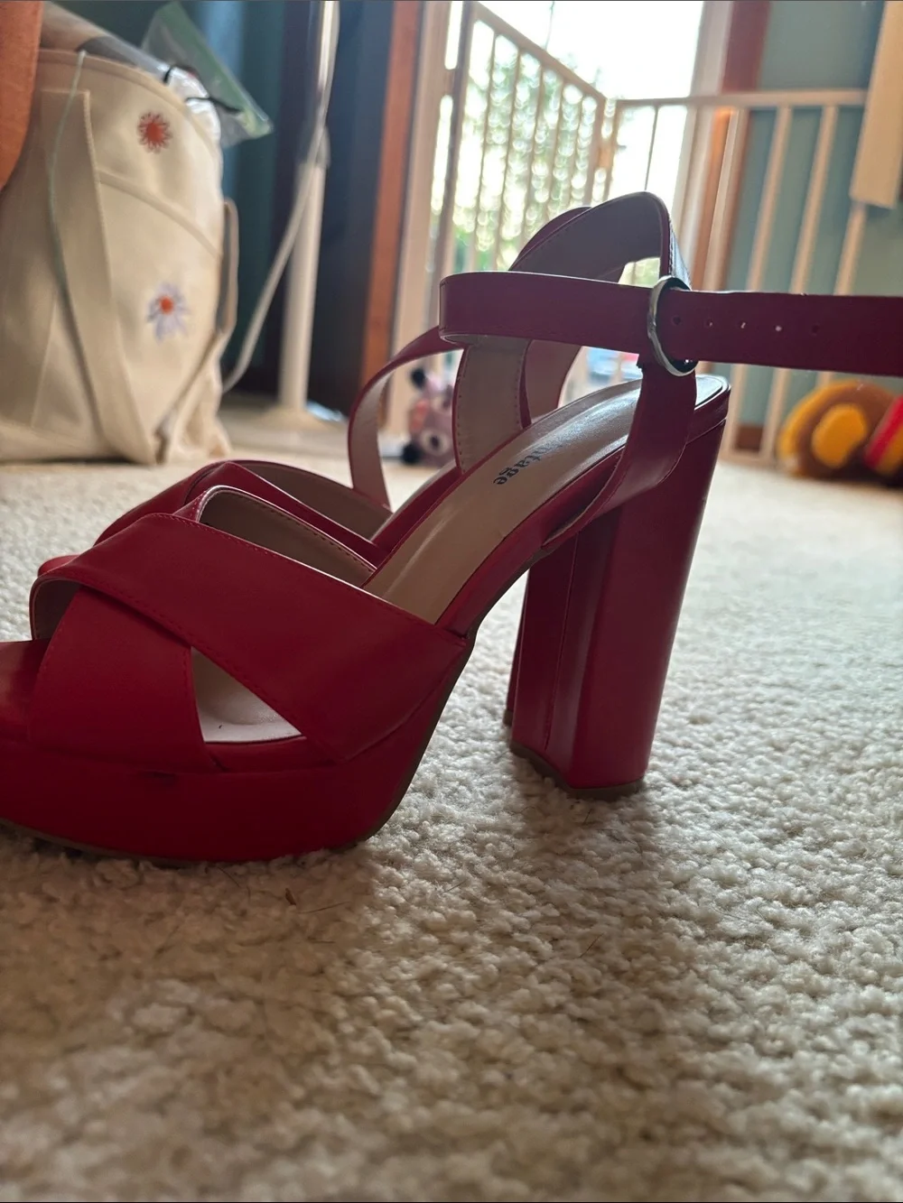 Unique Vintage Red Platform Sandals with Crisscross Straps and Ankle Buckle